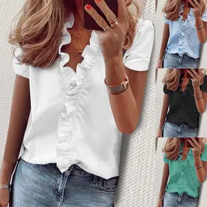 Women's Elegant V Neck Blouse with Ruffles, Loose-Fit Woven Shirt for All Seasons, Plain Pattern Casual Top for Office Wear
