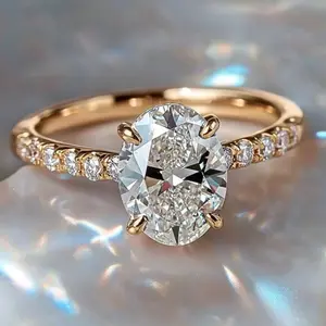 Gold plated brass engagement ring with oval cut Cubic Zirconia, four prong design, elegant for women to wear everyday, office, wedding jewelry