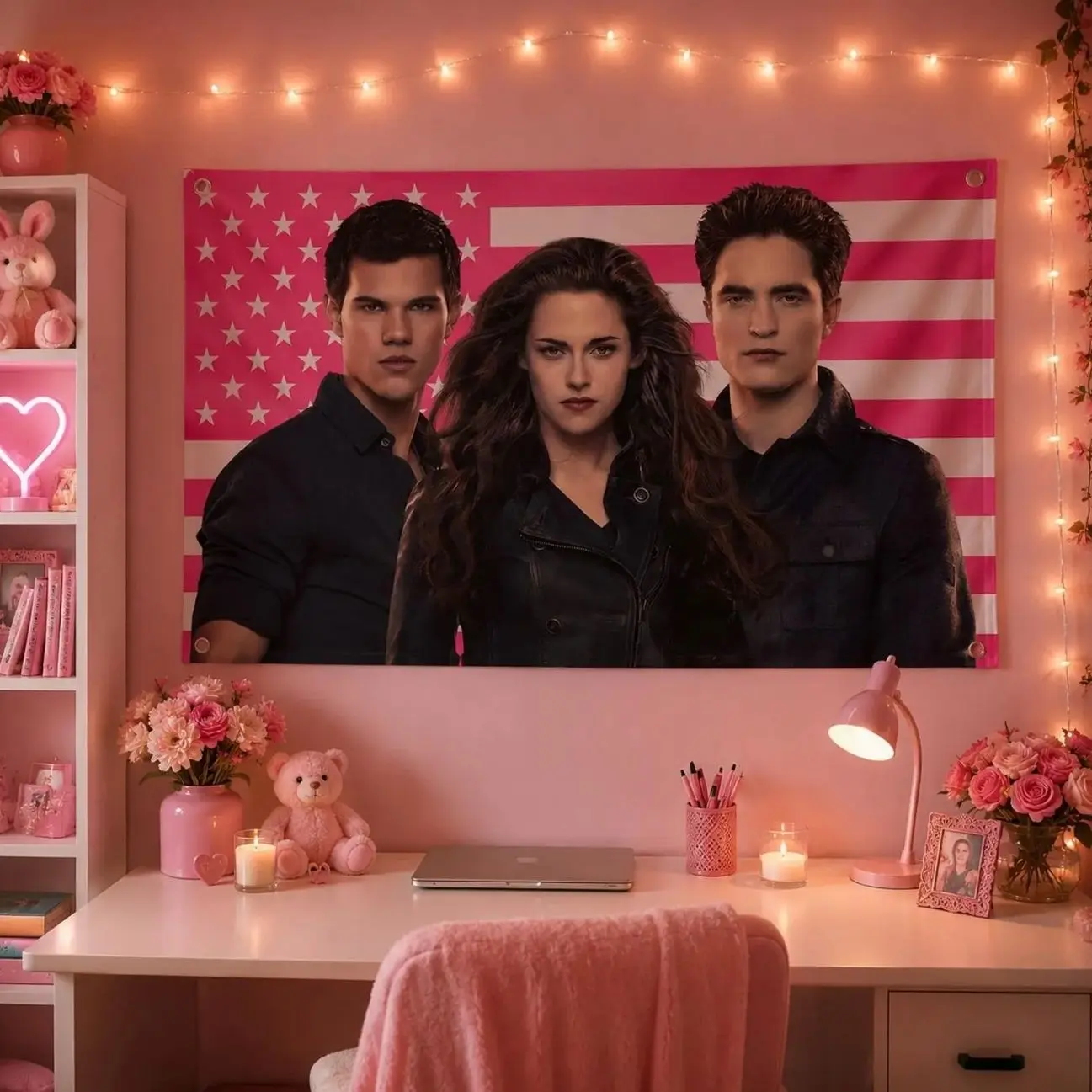 Twilight Trio Flag | Bella Swan, Edward Cullen, Jacob Black | Pink US Flag Tapestry | Vampire Romance Dorm Frat Decor