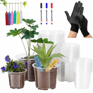 Clear Nursery Pots with Drainage Holes with Durable Labels, Markers and Gloves, Clear Plant Pot for Planting, Transparent Plastic Variety Pack Flexible Garden Pot for Outdoor Indoor, Durable Seed Starting Pot for Succulents