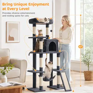 63 Inches Multi-Level Cat Tree with Sisal Scratching Posts, Condo, Hammock, Dangling Ball, and Extended Platform for Cats to Play and Sleep - Scratcher
