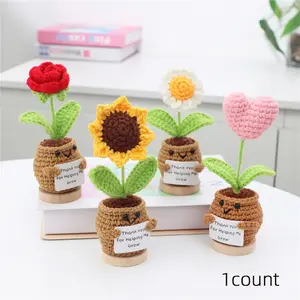 Mother's Day Gift! Cute Handmade Crochet Sunflower Rose Artificial Plant Pottery Decor, Inspirational Message, Perfect Emotional Support Present, Artificial Fiber Flower