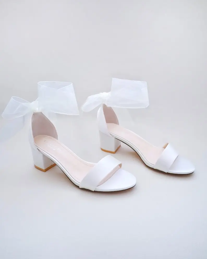 White Satin Block Heel Sandal with WRAPPED SATIN TIE, Bridesmaid Shoes, Jr. Bridesmaids Shoes, Women Sandals