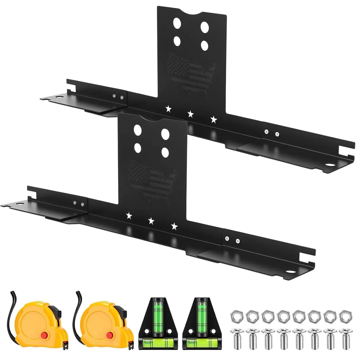 Heavy Duty Automotive Wheel Alignment Tool Kit for Workshop & Automotive Garage, 2 Alignment Plates, 2 Bubble Levels, Imperial Tape Measure, Anti Rust Black Finish Stainless Steel Tool (No Caliper Removal) - 24.41x6.3x2.68in/62x16x6.8cm for Cars, Trucks