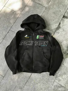 American Retro Style Pemination Hooded Zipper Sweatshirt, Racing Patchwork, Letter Print, Star Embellishment, Streetwear, Loose Fit