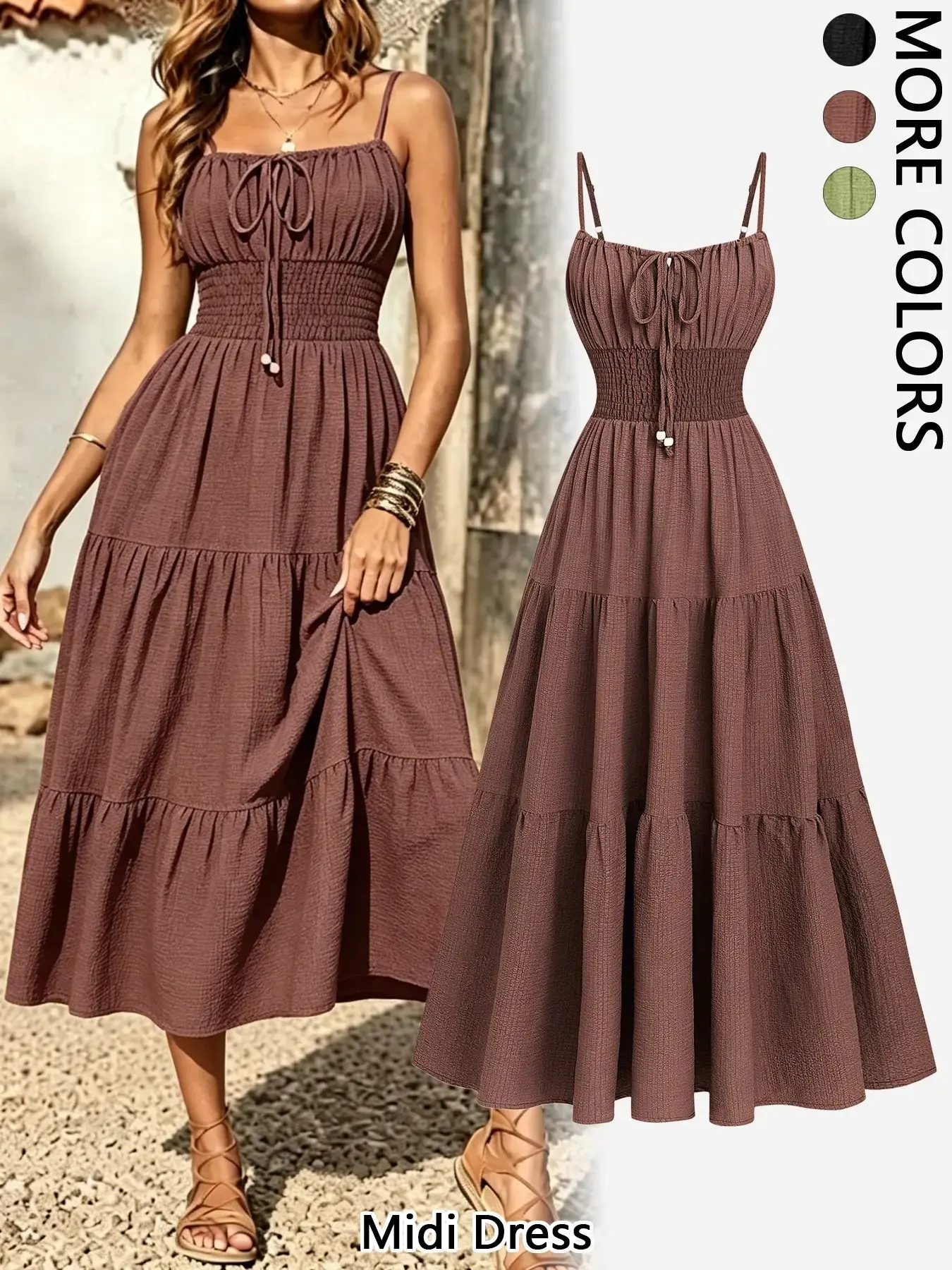 Women's Spaghetti Strap Sleeveless Tiered Midi Dress Smocked Flowy Boho Beach Vacation Summer 2026 Breathable Lightweight Cottagecore Sundress Gown
