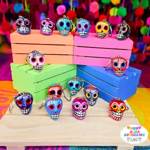 Mini Glitter Calavera Skull Wood Keychain / Handmade In Mexico / Llavero Mexicano Artesanias
