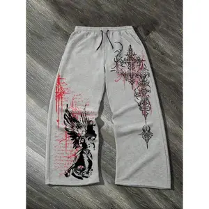 TikTok Sensation! Black Gothic - Style Drawstring Sweatpants with Angel & Ornate Cross Prints, Ideal for Streetwear and Alternative Fashion