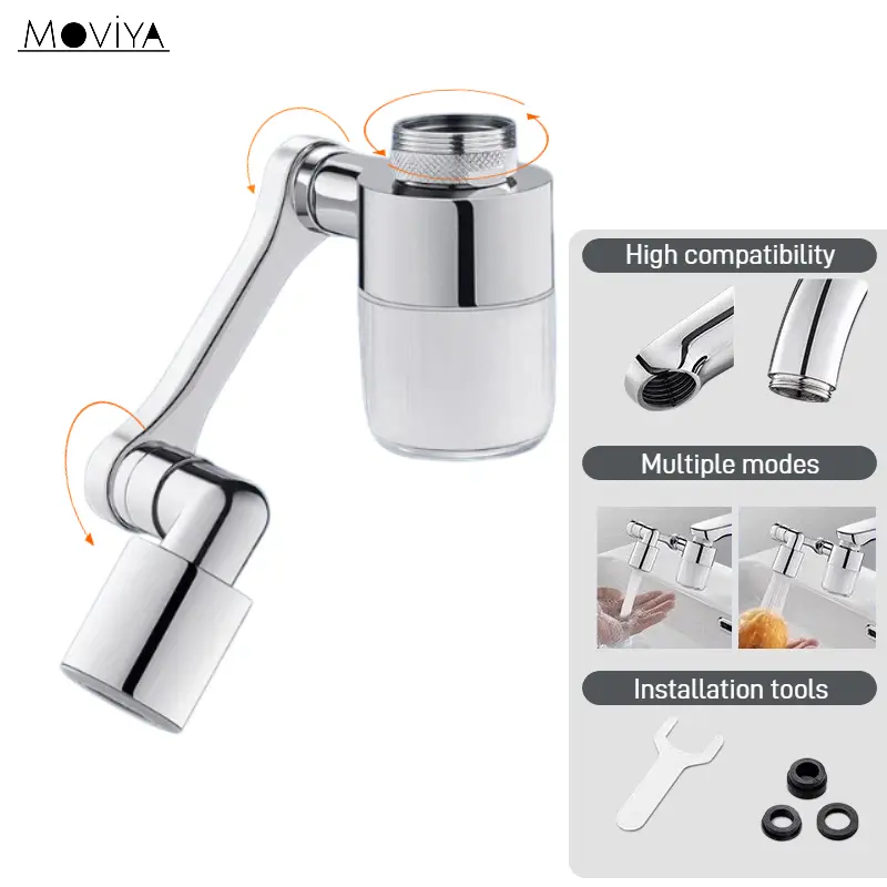 3D Rotating Faucet Filter — 360-degree rotation, soft anti-splash flow, transparent housing, universal adapter; suitable for various kitchen and bathroom faucets.