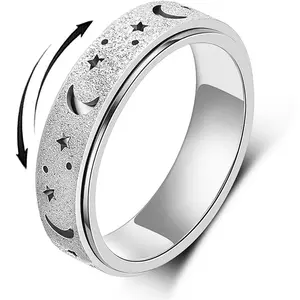 Fidget Spinner Ring for Men and Women Stainless Steel Star and Moon Rotating Ring Fidget Spinner Toy Rainbow Black Rose Golden Silver Golden Size 6-12