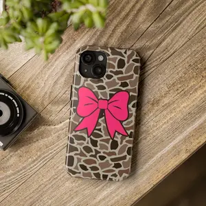 Old School Camo Tough Phone Case with Pink Coquette Bow, Hunting Gifts, Phone Accessories