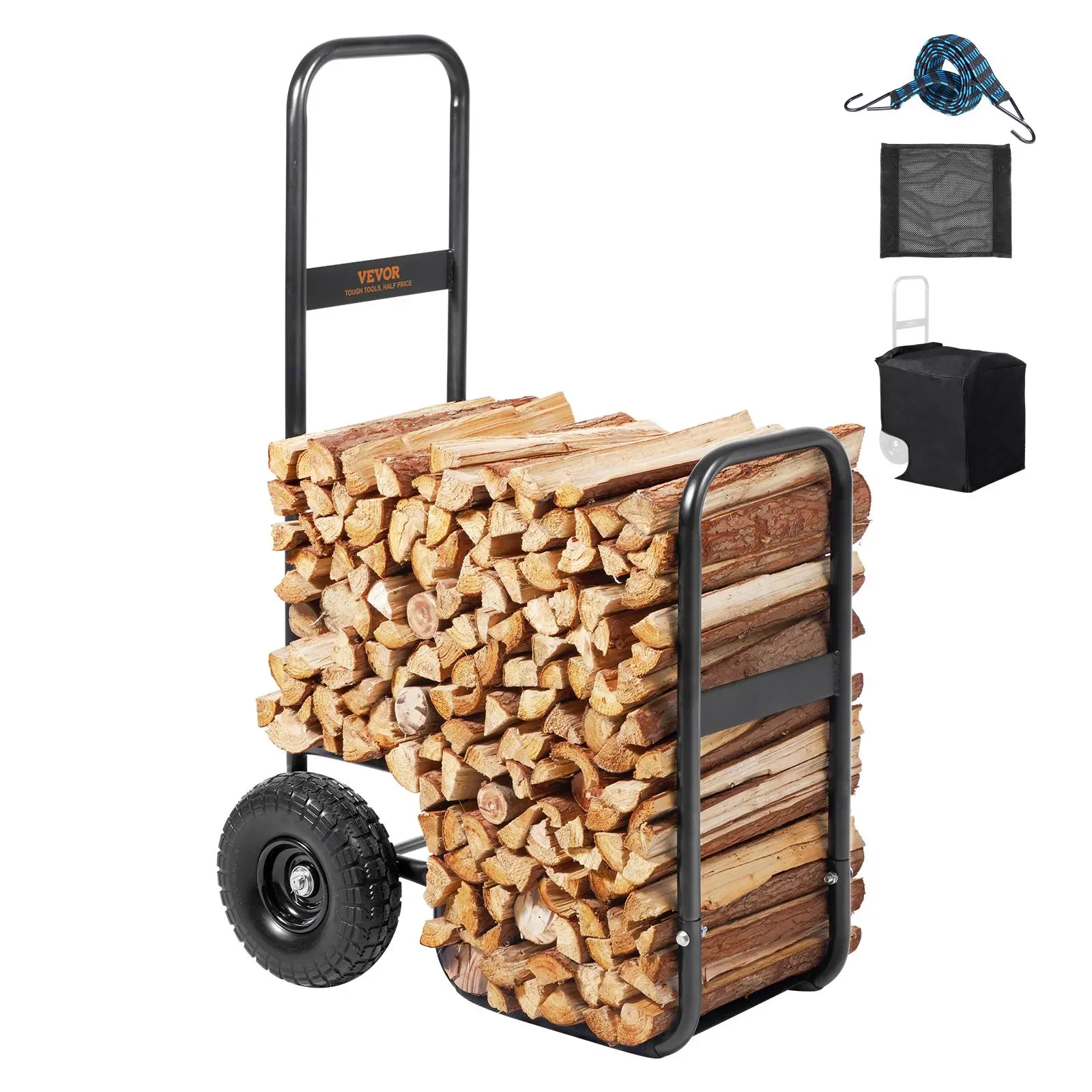VEVOR Heavy-Duty Carbon Steel Portable Firewood Log Cart, 250lb Capacity, 10.5in Transport Wheels, Waterproof Cloth, Simple Setup, 43.3x20.5x26.4in (43.3in Height/26.4in Depth), Home Organizer Storage Rack for Fireplace Indoor-Outdoor Use, 10.5 Inches, 26