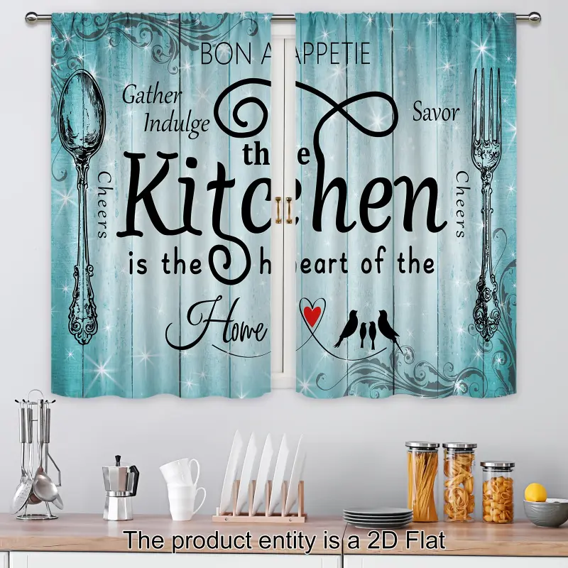 2pcs Blue Teal Country Style Rod Pocket Curtains - Rustic Farmhouse Designer Print Home Textile, Shiny Stars & Utensils Motifs, 100% Polyester Light Filtering, Machine Washable Kitchen Window Supplies