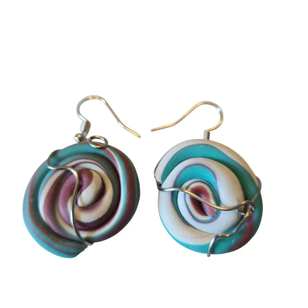 Unique Colorful Clay Twist and Roll Earrings - Set of Two with Colorful Swirl Design and Simple Metal Earwires