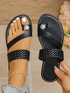 Elegant Women's Casual Sandals, Woven Strap Slip-On Slippers, Metal Buckle Decoration, Perfect for Beach Vacation Parties