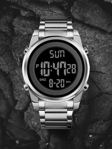 Skmei Metal Steel Band Electronic Watch, Dual Display Date Day, Night Light, Street Style, Sports Fitness, Round Digital Face, Stainless Steel Watch