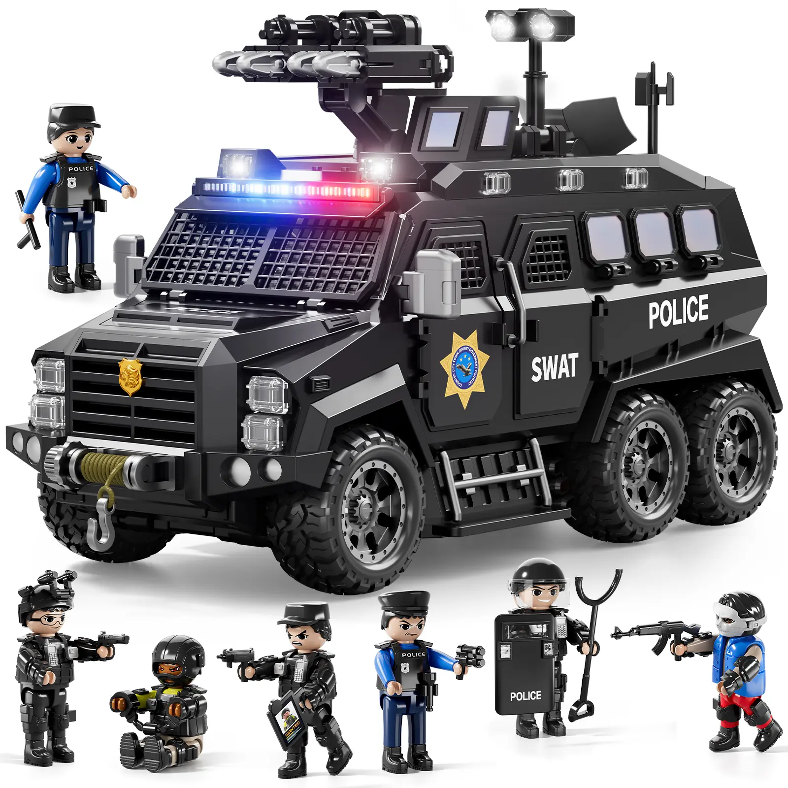 Extra-Large SWAT Themed Armored Police Car Model Toy - BPA-Free, with LED Lights, 6 Character Figures, Tactical Weapon Set, Police Shield, Wanted Cards, STEM Learning Science Educational Role-Play Gift for 6-Year-Old Boys