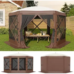 11.5x11.5FT 6-Sided Pop Up Gazebo Tent, One-Push Setup Canopy Tent with Mesh Panels & Removable Wind Cloths, Outdoor shelter for Camping, Backyard Parties, Outdoor Events - Beige & Khaki
