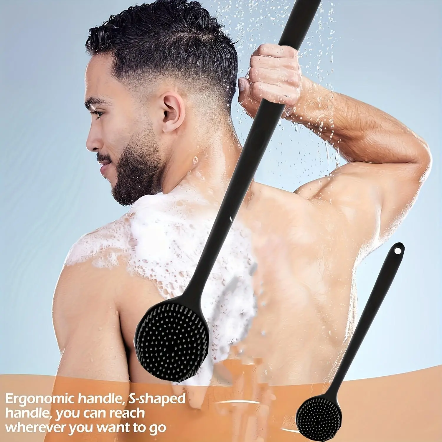 Soft Silicone Long Handle Shower Brush, Gentle Back Cleaning Brush, Ergonomic Design Bath Brush, Soft Silicone Bathroom Tool, Easy to Use, Comfortable Grip