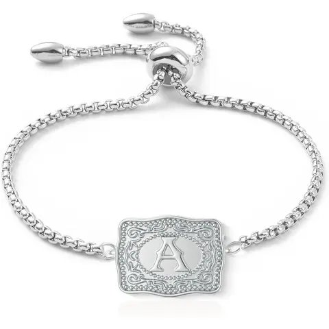 Women's Silver Adjustable Cuff Buckle Bracelet - A-Z Initial Western Motif Cow Tag, Stackable Engravable Jewelry for Adults, Casual Daily Wear, Personalized Birthday Anniversary Gift