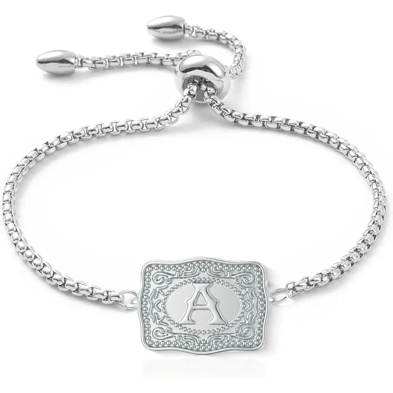 Women's Silver Adjustable Cuff Buckle Bracelet - A-Z Initial Western Motif Cow Tag, Stackable Engravable Jewelry for Adults, Casual Daily Wear, Personalized Birthday Anniversary Gift