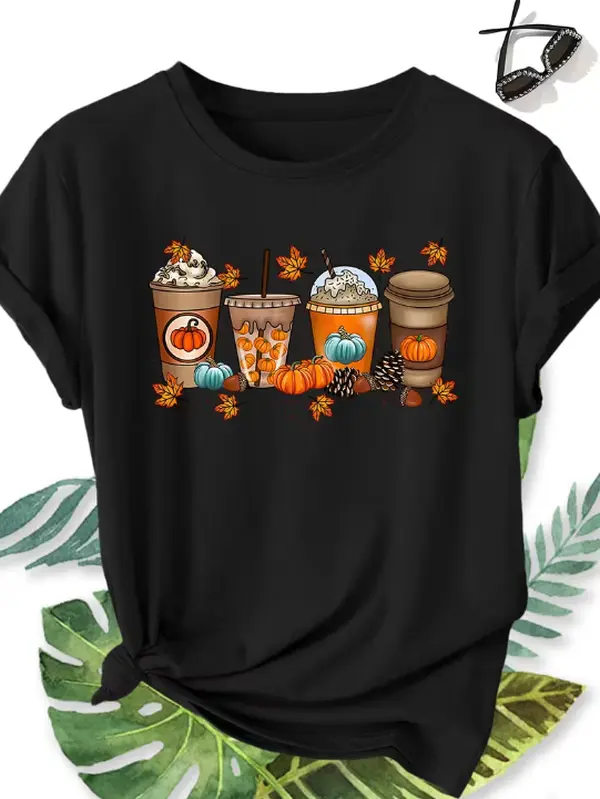 Autumn Pumpkin Maple Leaf Coffee Cup Cartoon Pattern Printed Short Sleeve Women'S Retro Style Summer Autumn Top Fresh Literary Style Loose Plus Size Round Neck T-Shirt Casual Elegant Style Daily Women'S Clothing Gift