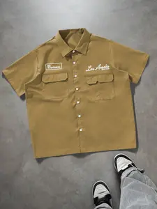 Men's Loose Fit Utility Pocket Design Casual Shirt, Button-Up Short Sleeve Shirt, Multi Pocket Casual Shirt, Graphic Los Angeles Reviewer Mechanic Shirt, Casual Relaxed Fit