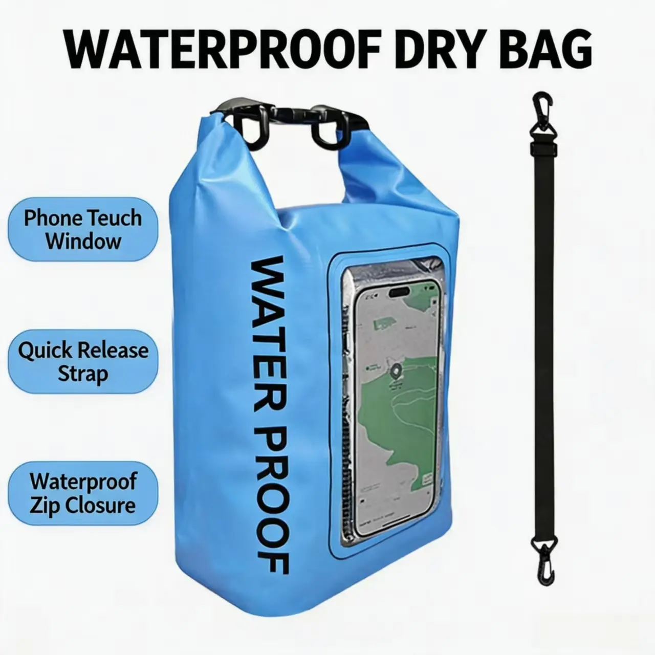 Unisex 5L PVC Fabric Outdoor Waterproof Dry Bag - IPX6 Water Resistant, Touchscreen Window Phone Pouch, 3 Ways to Wear Crossbody Hands-Free, for Beach/Fishing, Boating