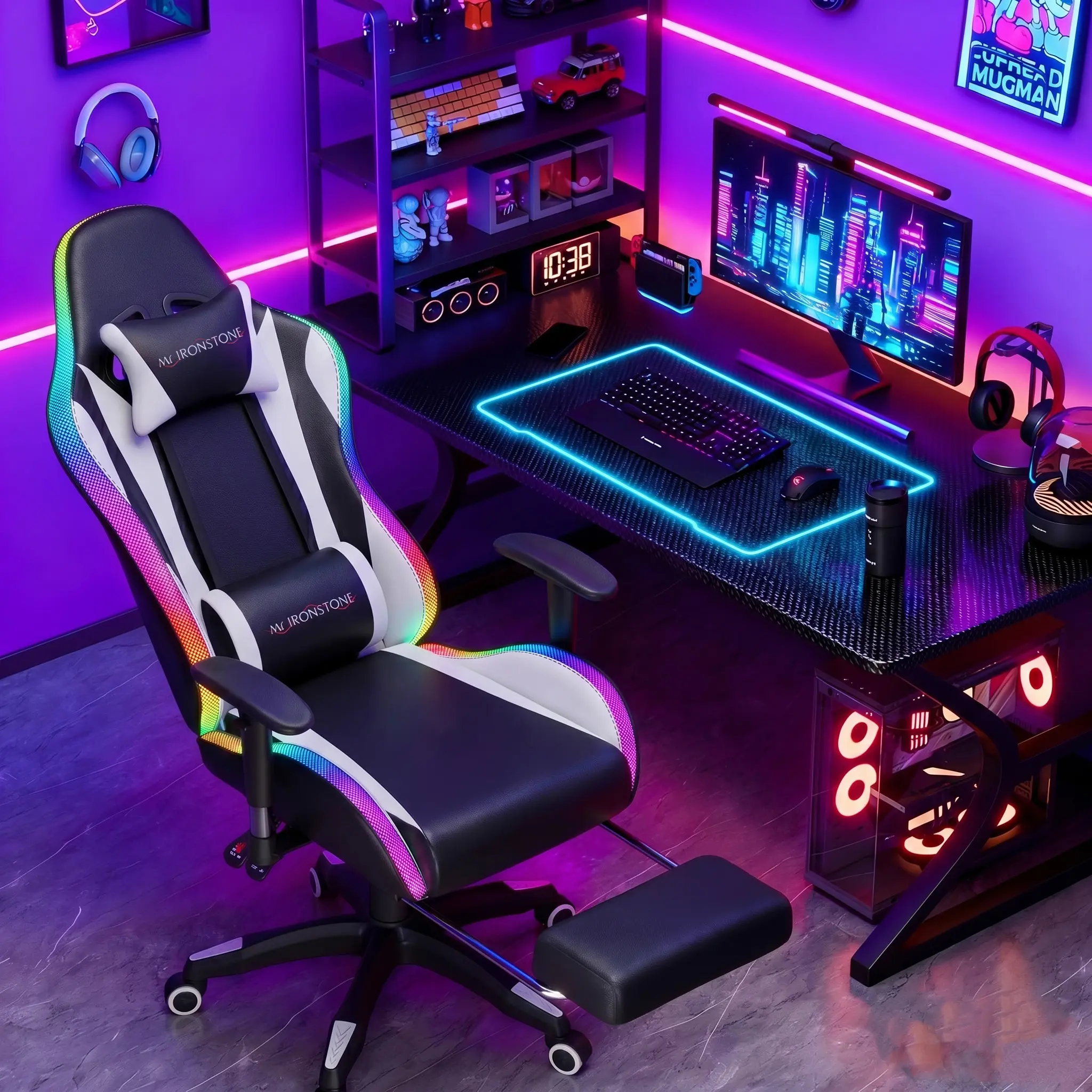 【Wider Seat】Mr IRONSTONE Gaming Chair with Speakers and Rgb Lighting Ergonomic Massage Computer Gaming Chair with Broaden Cusion and Footrest High Back Video Game Chair for Adults Kids Boyfriend Father's Gift, Blue Black and Pink, dealsforyoudays