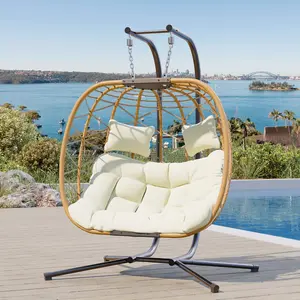【Valentine's Day gift】Double Egg Swing Chair with Stand- 600/700 lbs Weight Capacity, Outdoor Indoor Wicker Rattan Hanging Egg Chair with Cushion, Porch Swing Patio Furniture