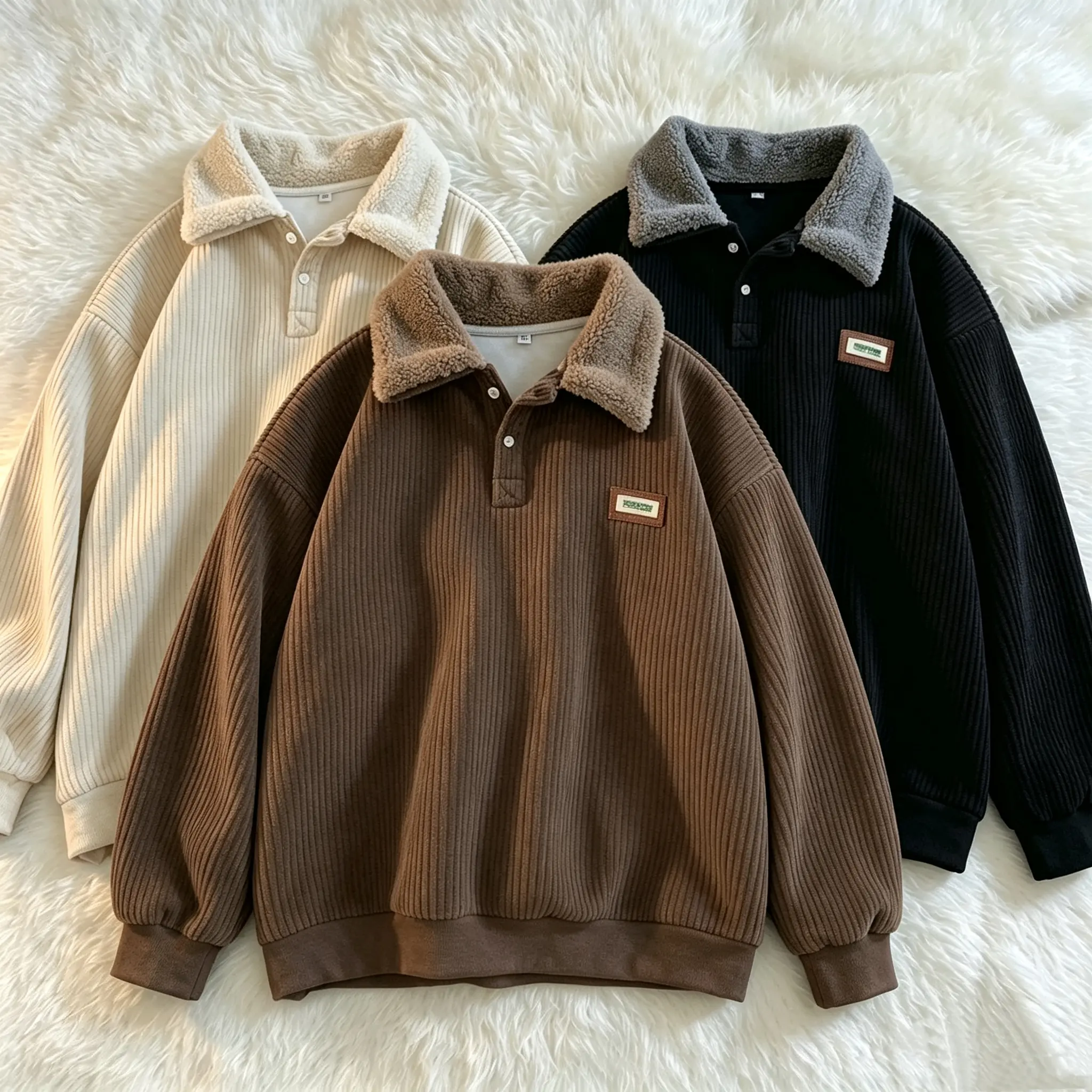 Men's Corduroy Polo Sweatshirt - Casual Baggy Oversized Loose Fit Long Sleeve Plain Fashion Lamb Wool Pullover with Thick Fleece Lining for Winter Layering, Menswear, Basic, Fashion Apparel, Button, Thickened Corduroy, Vintage, Apricot
