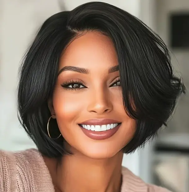 Short-haired woman, short hair style, synthetic black wig, girl's hairstyle, synthetic short wig, short wig for women, daily wear, and party