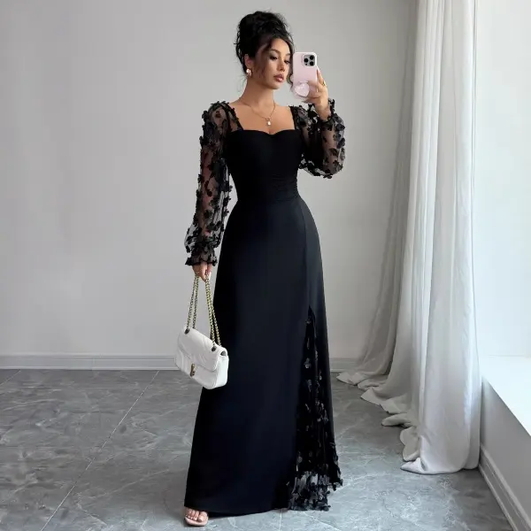 Women's Sheer Long Sleeve Maxi Dress, French Vintage Floral Lace Evening Gown, Elegant Boho Party Dress for Wedding Guest, Cocktail, and Formal Occasions