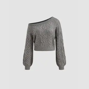 Cider Cable Knit Asymmetrical Neck Oversized Long Sleeve Top