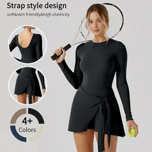 Women's Solid Color High Neck Tennis Dress Long Sleeve Wrap Skirt Built-in Shorts Golf Athletic Outfit Casual Sportswear Summer Comfort Collar Gym Workout Athletic Running Yoga Machine Washable 92% Nylon 8% Elastane
