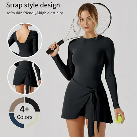 Vitalinovo Women's 92% Nylon 8% Elastane High Stretch Long Sleeve Crew Neck Athletic Dress - Knit Quick Dry Wrap Style with Built-in Shorts, Solid Clean Refined Workout Exercise Dress, Gym-to-Golf Wear, Golf-Yoga Ready