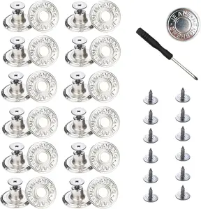 12 count Metal Button for Jeans, 20 mm No-Sew Nailess Removable Metal Jeans Buttons Replacement Repair Combo Thread Rivets and Screwdrivers.( with Letters 12 Sets)