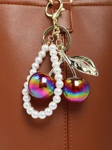 Cherry Pearl Keychain Wallet Charm, Boho Style Handbag Accessory, Women's Valentine's Day Gift, Fruits Pattern, 1 Piece, Bag Charms, Keychain For Bags