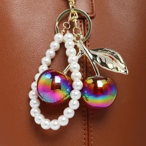 Cherry Pearl Keychain Wallet Charm, Boho Style Handbag Accessory, Women's Valentine's Day Gift, Fruits Pattern, 1 Piece, Bag Charms, Keychain For Bags, Key Ring Accessory, Key Accessories