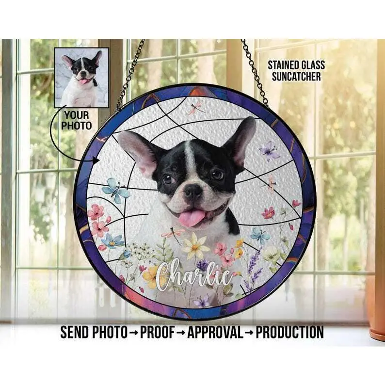Custom Stained Glass Suncatcher with Pet Photo & Name – Thoughtful Dog, Cat Loss Memorial Gift, Dog and Cat Tribute, Custom Pet Ornament