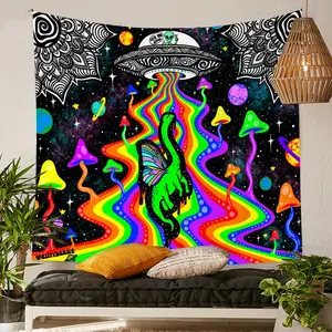 Polyester Alien & Butterfly Print Tapestry - 1 Count Aesthetic Spaceship Dinosaur Pattern Wall Hanging, Machine Washable Room Decor for Home Living Room