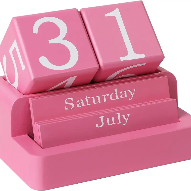 Wooden Block Calendar for Desk, Daily Desktop Perpetual Desk Calendar, Modern Farmhouse Aesthetic Desk Accessories for Home Office Decor, Teacher, Classroom, Reusable Yearly, Pink