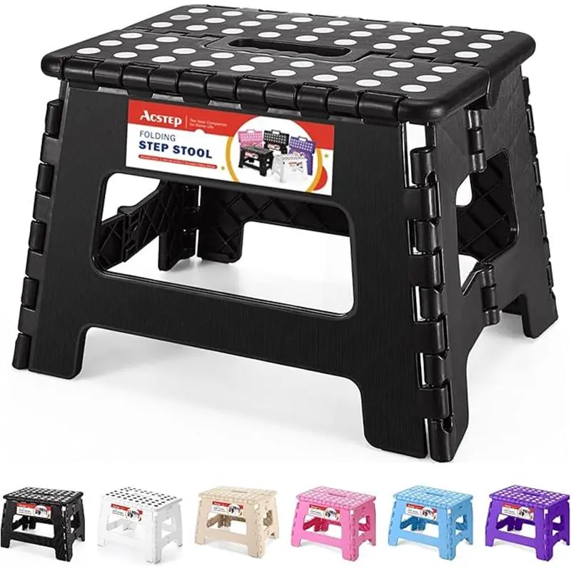 Plastic Folding Stool - 9 in Tall Collapsible Indoor Furniture Stool with Non-Slip Surface, Handle, 300 lbs Weight Capacity