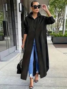 Solid Color Long Sleeve Single Button Long Shirt Dress, Casual Loose Thin Lightweight Windbreaker Coat, Comfortable and Stylish Outerwear