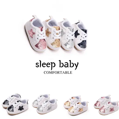 Sequin Lace Infant Walking Shoes - Non-Slip, Soft Soles, PU Upper, Contrast Color Sequins, Spring & Fall Baby Sneakers for 0-18 Months (12-18mths Incl) Walking Shoes Babies