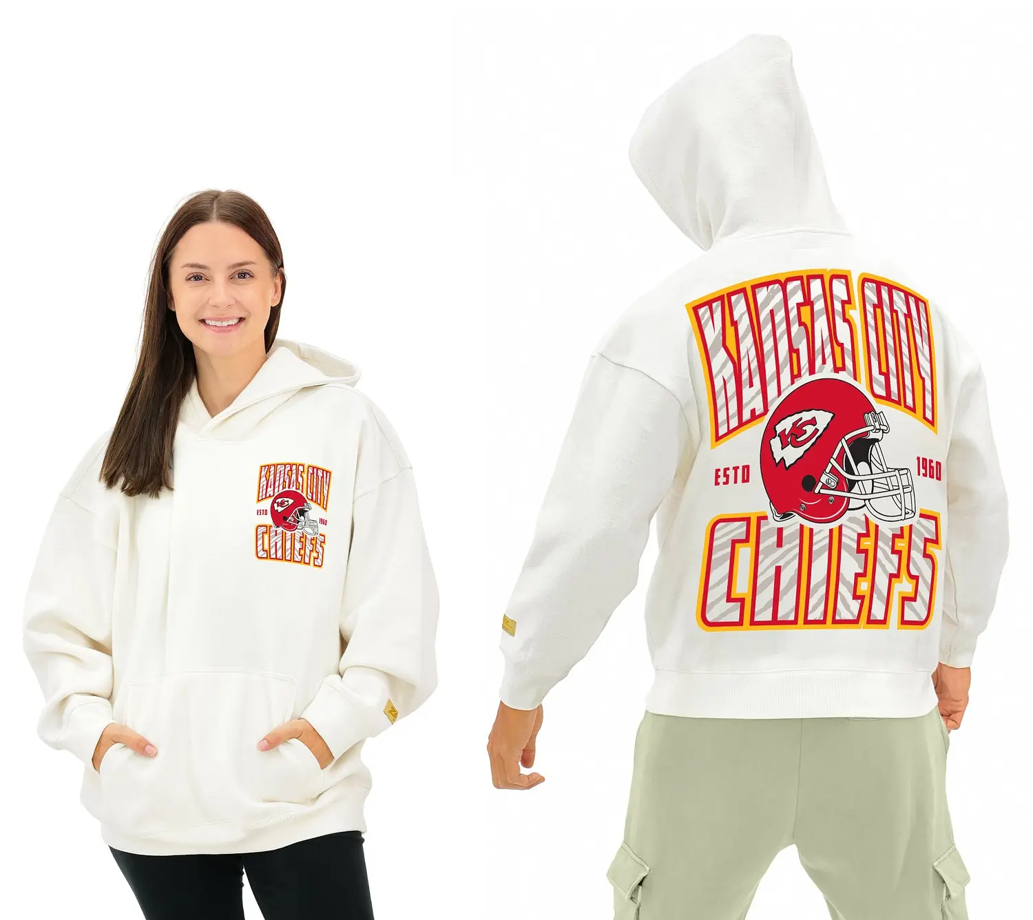 Zubaz NFL Kansas City Chiefs Adult Unisex Off White 2 Color Zebra 90s Vintage Helmet Drop-Shoulder Hoodie