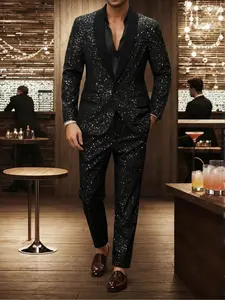Men's Glitter Suit Set, Slim Fit One Button Blazer & Pants, Two-piece Outfits for Men, Fashion Men's Formal Clothing for Party, Wedding, Stage Performance, Long Sleeve Tuxedo, Blazer Trouser, Longsleeves Menswear, Formal Attire, Exquisite Suits