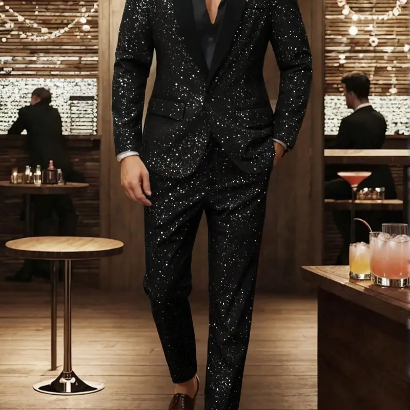 Men's Glitter Suit Set, Slim Fit One Button Blazer & Pants, Two-piece Outfits for Men, Party Suits, Wedding Grooms Suit, Formal Clothing for Party, Wedding, Stage Performance, Long Sleeve Tuxedo, Longsleeves Menswear, Formal Attire, Suit Jacket Trousers
