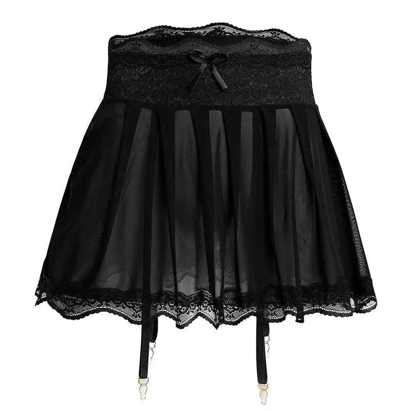 Sexy Transparent Lace Mini Skirt Women's Bow Decoration Chiffon Micro Skirt Lace Edge Sexy Women's Sleeping Skirt