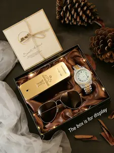 Luxury Gift Box Set: Full Diamond Watch, Classic Gold Frame Sunglasses, Golden Perfume Zina, Elegant Men's Surprise Gift, Gifts In Box, Birthday Gift Box